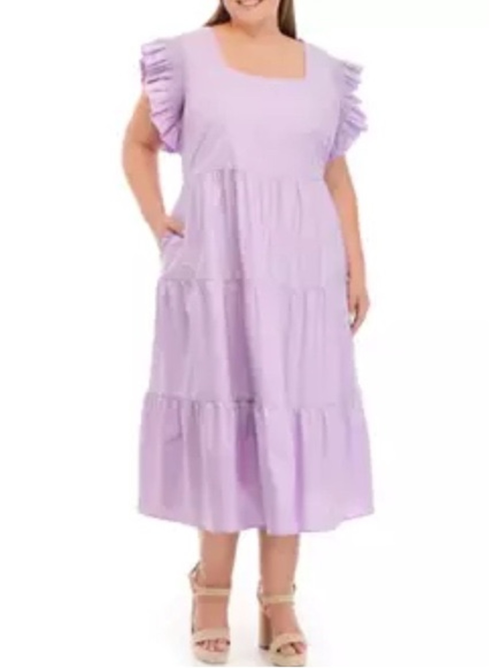 English Factory Lavender Tiered Midi Dress with Ruffle Sleeves
